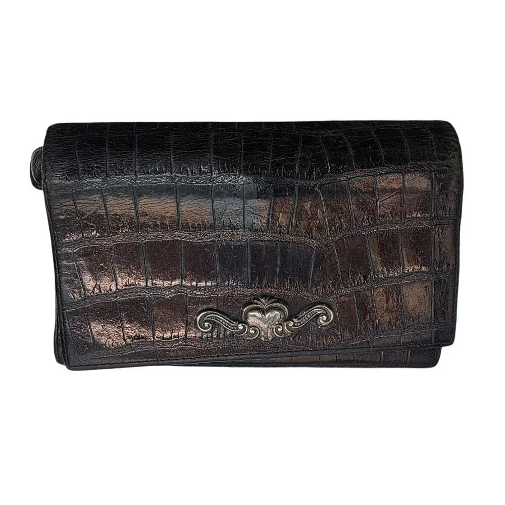 Brighton Black Croc Embossed Leather Wallet‎ With Silver Accent